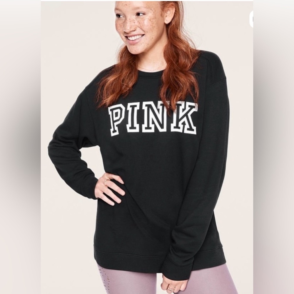 PINK black crew neck sweater white letters logo